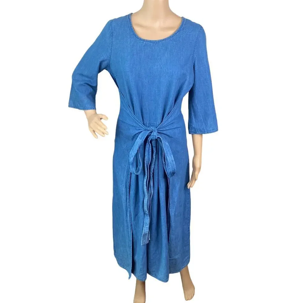 Caron Callahan Hester Denim Wrap Dress Indigo Cotton Pleated Midi Utilitarian M
